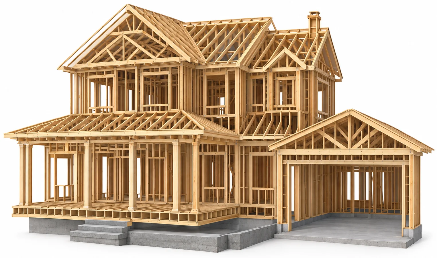 3D model of a house's exposed wood framing structure, from roof trusses to foundation